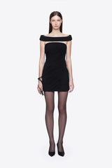 Black ruched off-shoulder cutout mini dress front view