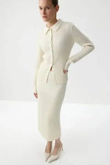 Ribbed Polo Knit Top and Midi Skirt Set