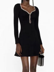 Black Knitted Diamond Edging Square Collar Mini Dress