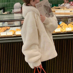 White Outwear Hooded Faux Rabbit Fur Plush Jacket