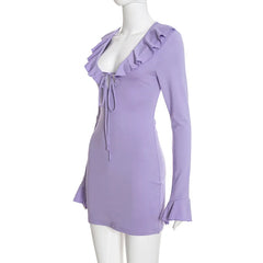 Ruffled Neck Long Sleeve Mini Dress