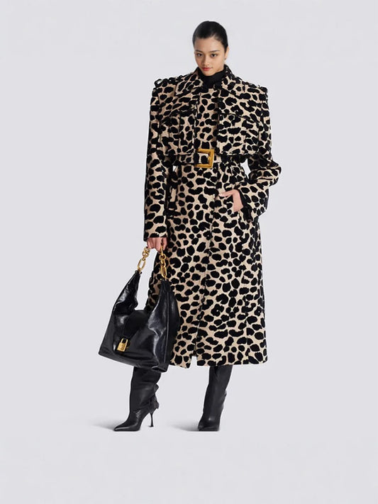 Leopard print belted trench coat on mannequin