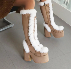 Zip Faux Fur Chunky High Heeled Boots