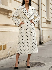 Close-up of polka dot lapel collar coat fabric