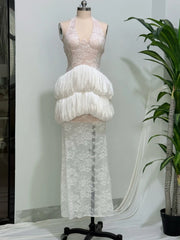 White Lace Halter Neck Tiered Maxi Dress