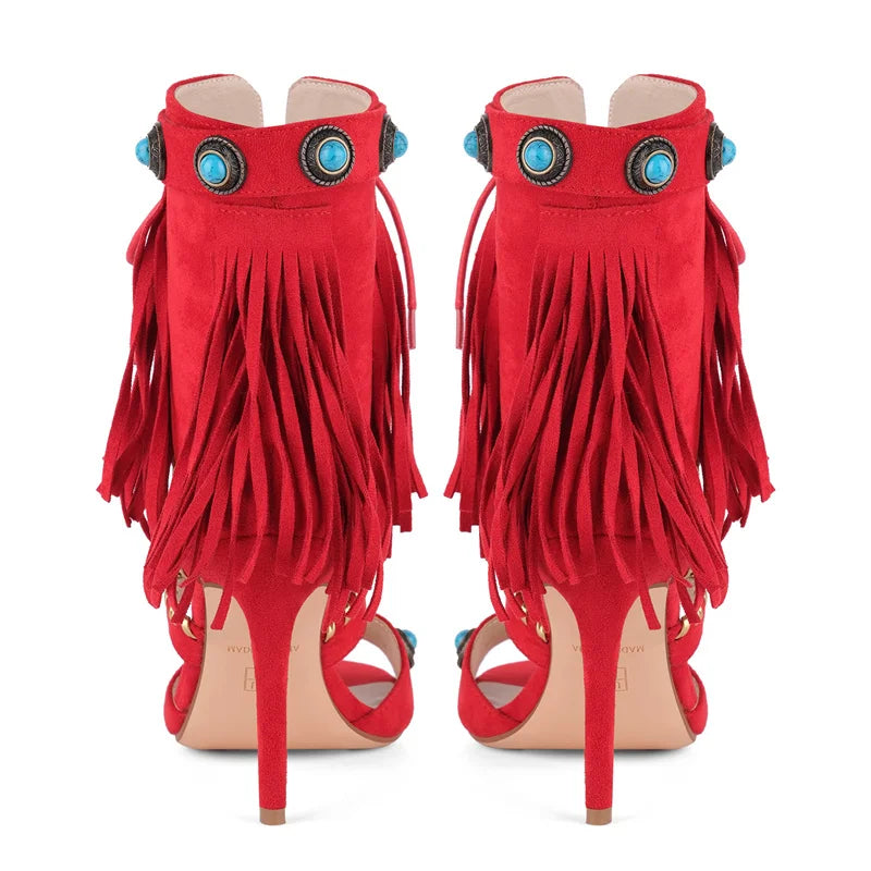 Red fringe jewel embellished stiletto boots back view