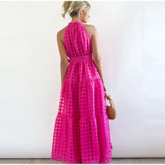 Halter Mesh Layered Belt Maxi Dress