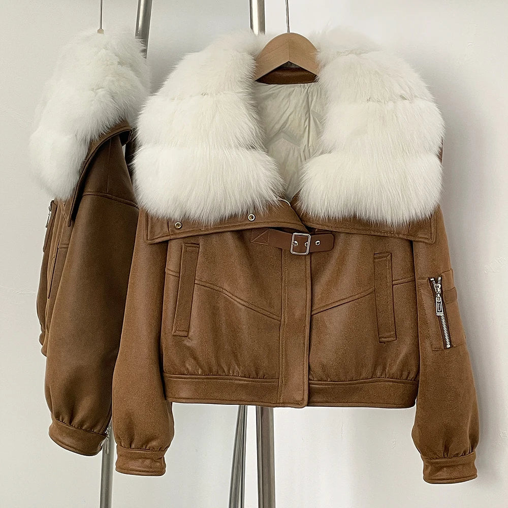 Brown jacket with white fur collar on a hanger against a plain background