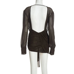 Draped Plunge Neck Long-Sleeve Mini Dress