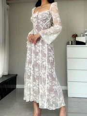 Lace-up Square Neck Print Long Sleeve Lace Ankle Length Dress