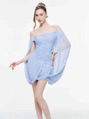 Draped Off Shoulder Irregular Pleated Mini Dress