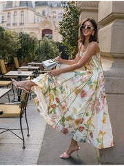 Strappy Corset Bustier Maxi Dress With Floral Motif