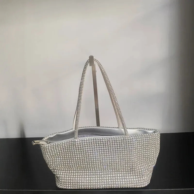 Silver crystal-embellished tote bag with chain straps