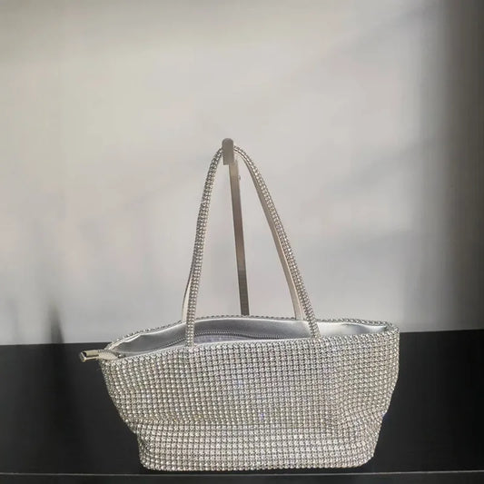 Silver crystal-embellished tote bag with chain straps