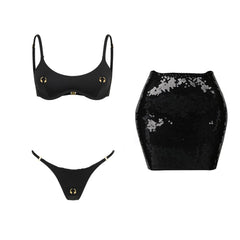 Solid Sequin Bikini and Skirt Swimwear Set
