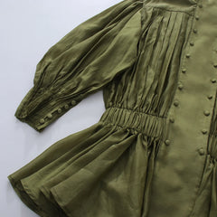 Olive Green Lantern Sleeve Pleated Mini Dress