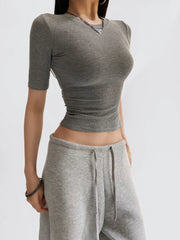 Half Sleeve O-Collar Knitting Rib Crop Tee