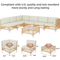 Wicker outdoor furniture set with beige cushions, including a sectional sofa and two chairs, on a white background.