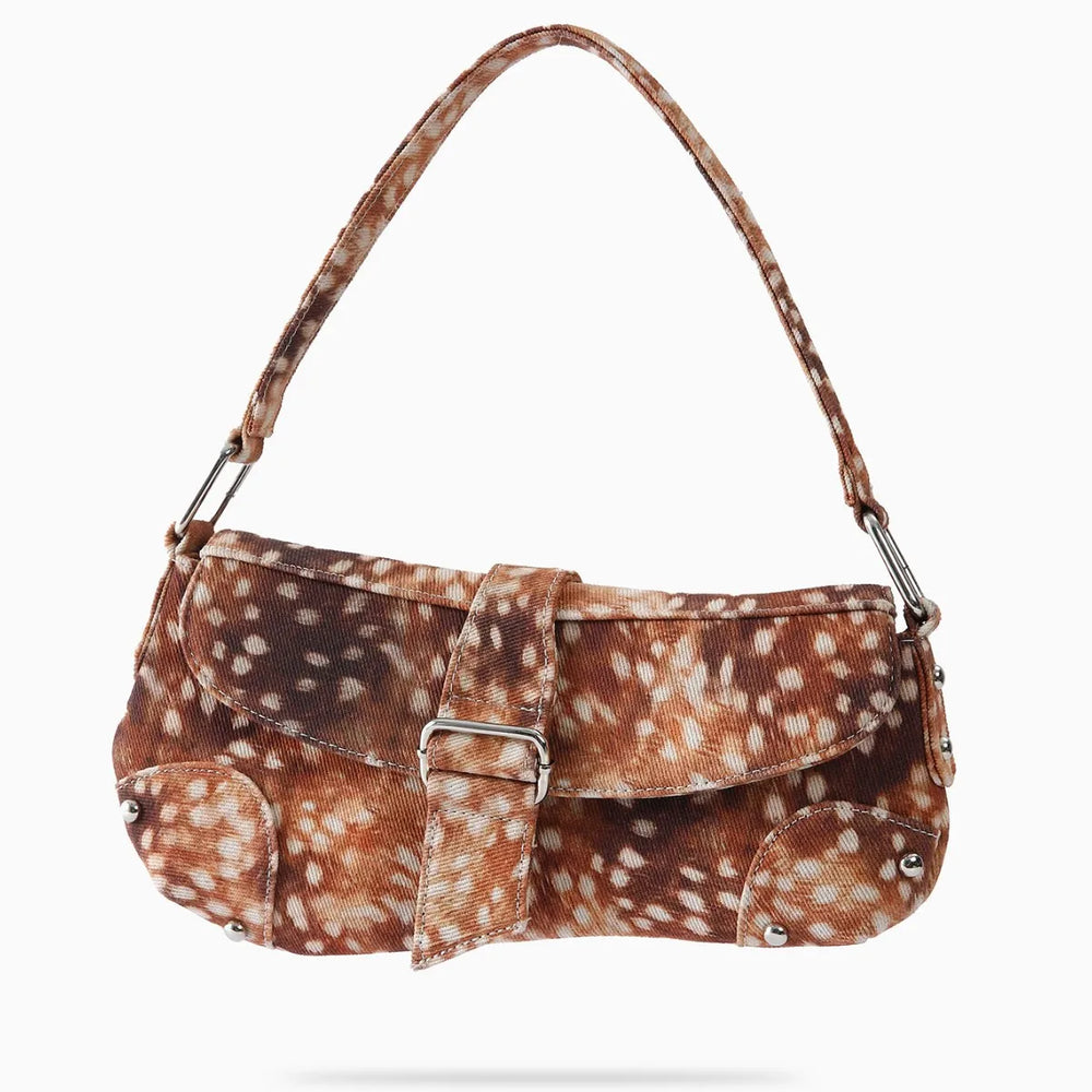 Brown and white deer print shoulder bag