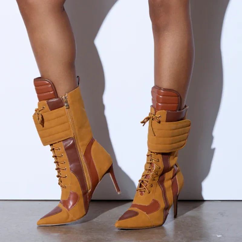 Patchwork high heel ankle boots in tan and brown.