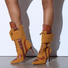 Patchwork high heel ankle boots in tan and brown.