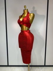 Metallic knit halter neck crop top and high-waisted midi skirt two-piece set, side view.