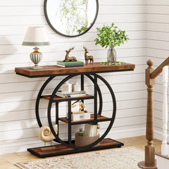 “Console table styled with books, lamp, and plant in modern hallway”

