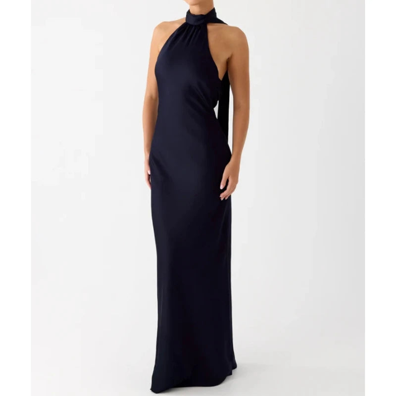 Navy Blue halter neck gown on a white background