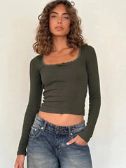Square Neck Lace Trim Crop Top