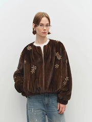 Beaded Brown Faux Fur Bomber Jacket