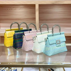 Ostrich Print Jewel Buckle Handbag