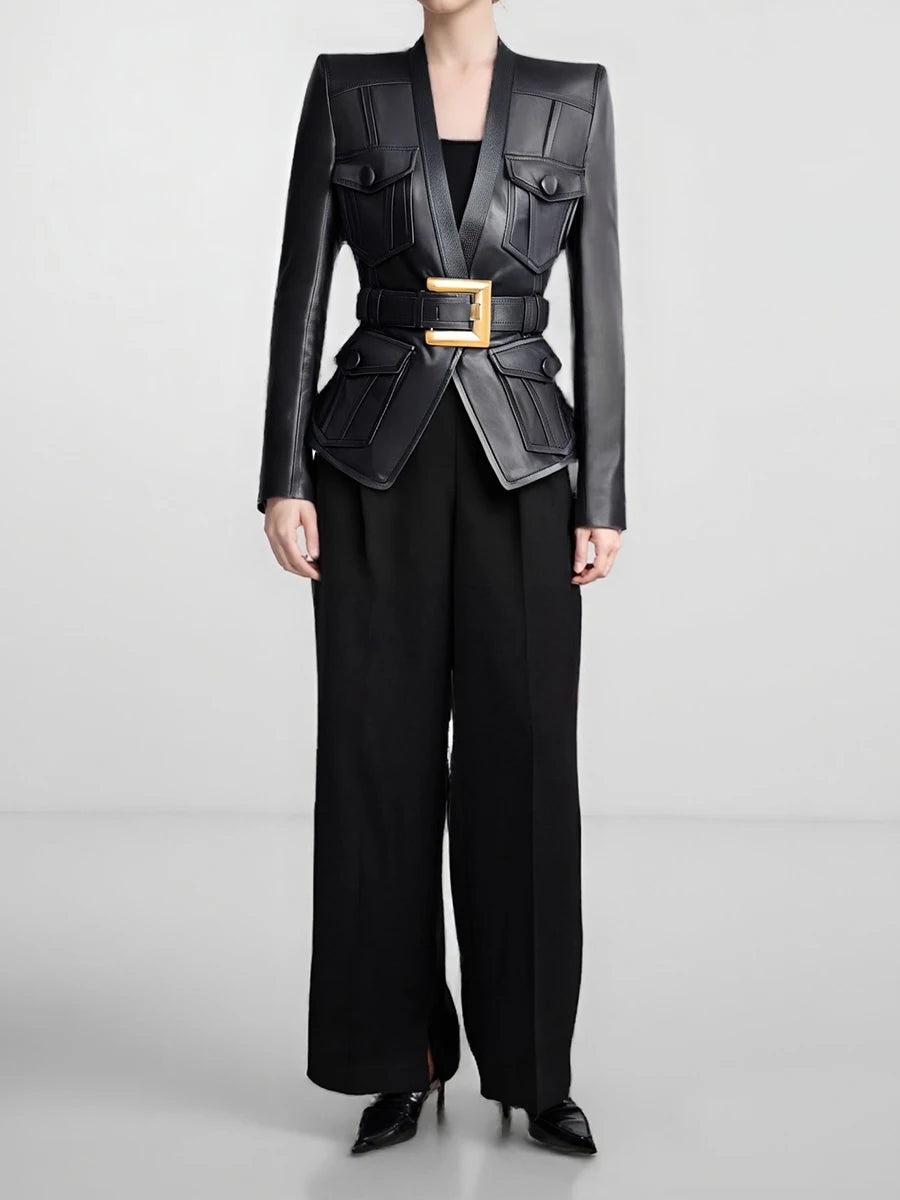 Person wearing a black leather jacket with gold buckle and black pants on a light gray background