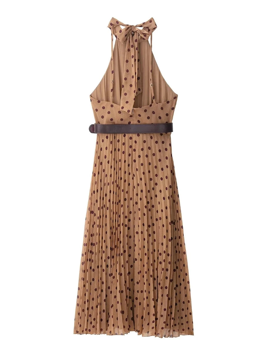 Brown polka dot dress with a belt on a white background