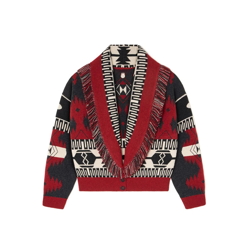 Red and black patterned cardigan with fringes on a white background