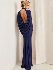 Mock Neck Cape Draped Open Back Maxi Dress