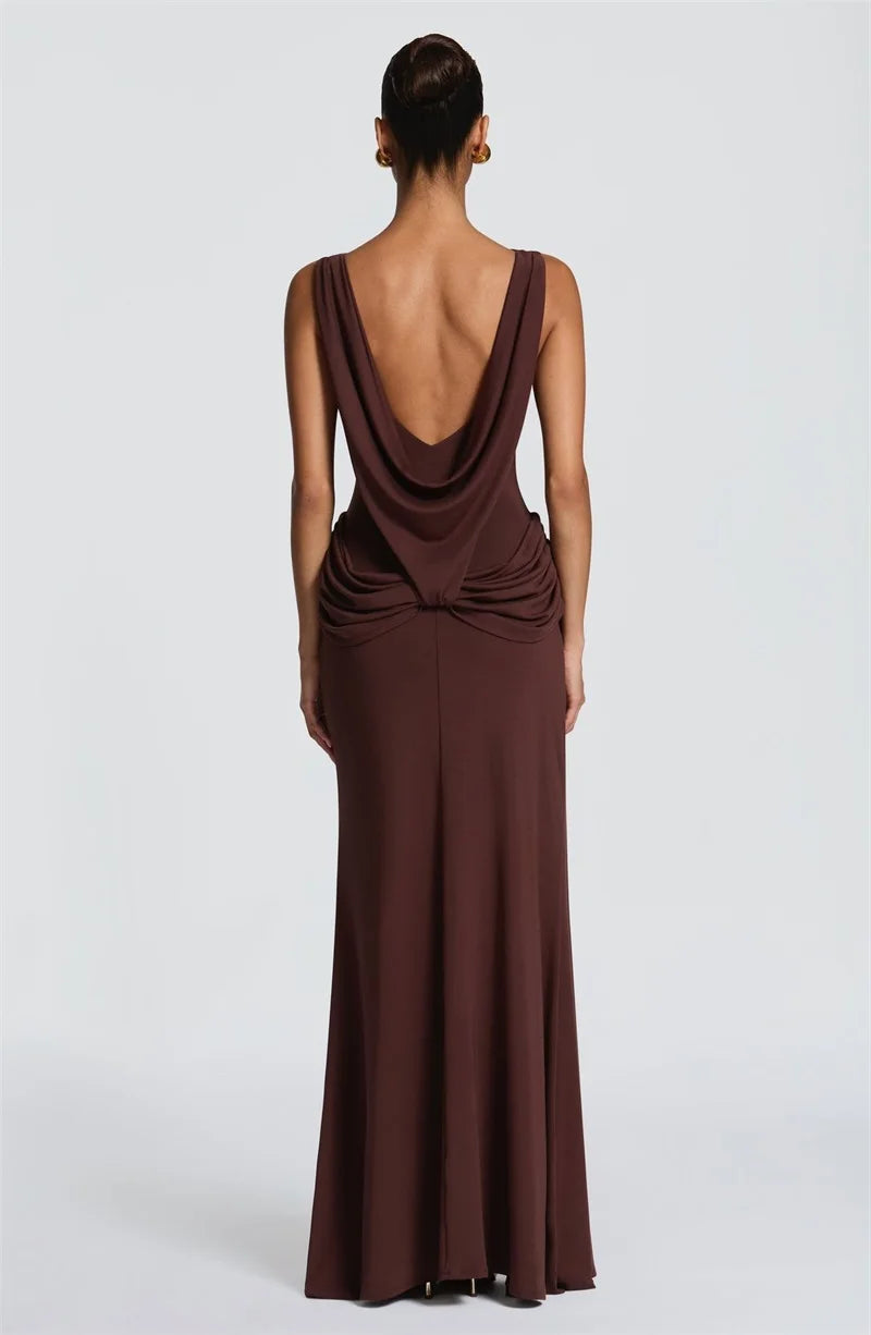Back view of sleeveless high slit column gown in brown