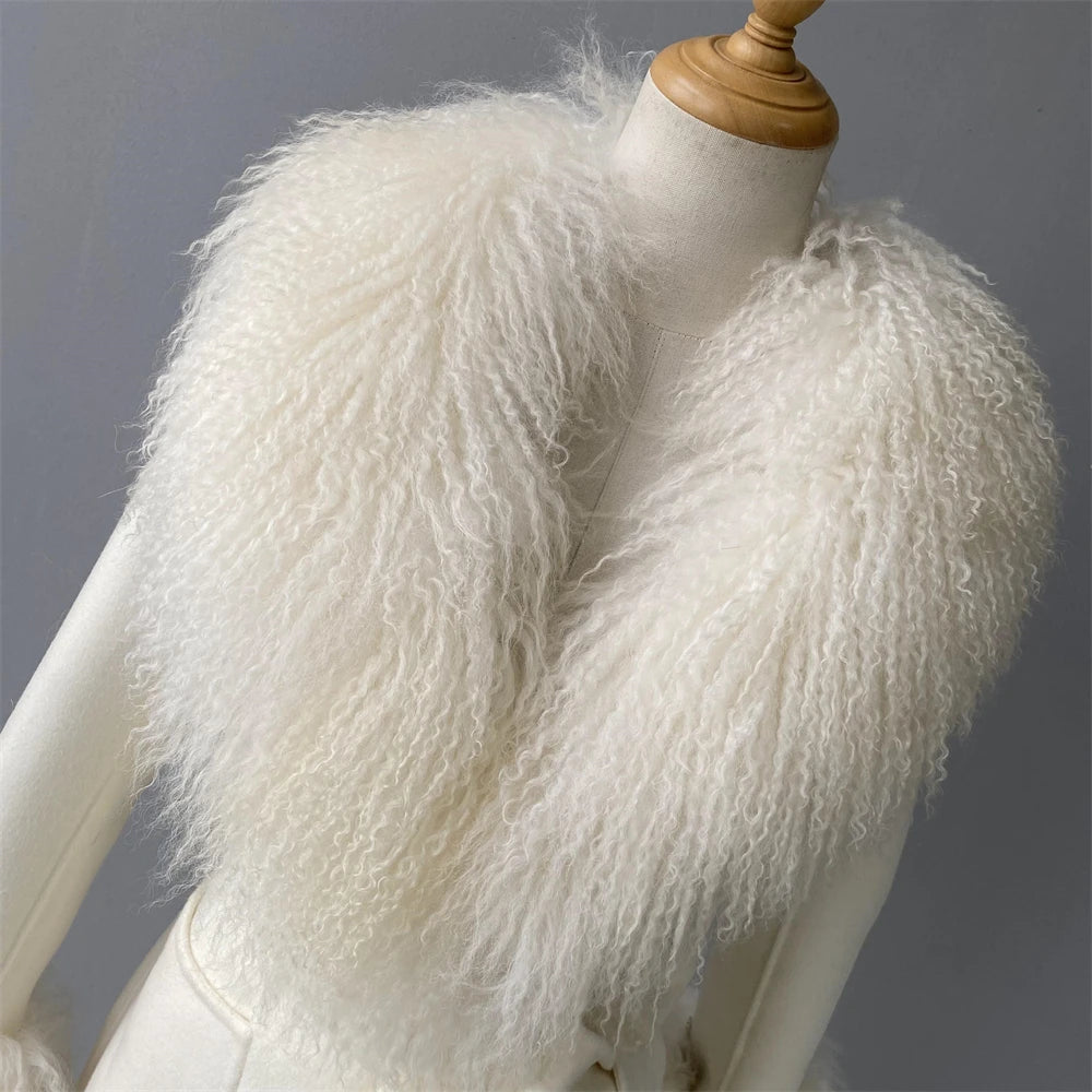 White fluffy scarf on a mannequin against a gray background