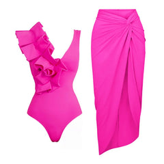 V-Neck Tie-Strap Swimsuit and Wrap Skirt Set