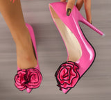 Trending Super High Stiletto Pumps: Purple Rose Applique Party Shoes