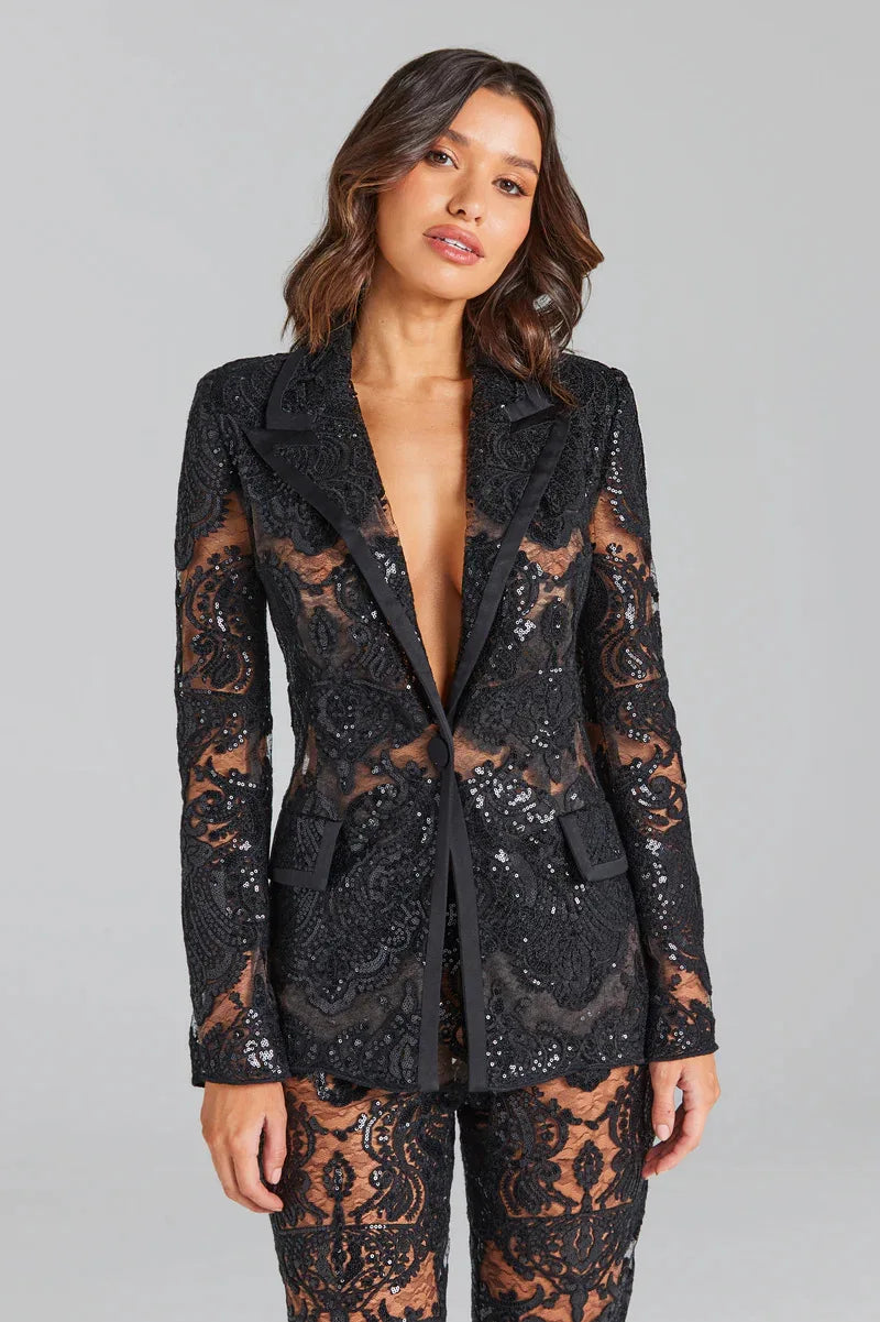 Close-up of the black sequin embroidered lace blazer detail.