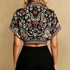 Floral Bird Print V Neck Tie Front Top