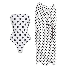 White and black polka dot strapless one-piece swimsuit with a matching wrap-style sarong