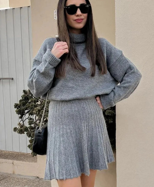 Grey Long Sleeve High Neck Knitted Pullover And Pleated Mini Skirt - Golden Atelier