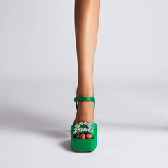 Satin Platform Crystal Embellishment Block Heels