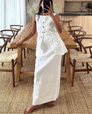 White Cotton Buttoned Top And Maxi Skirt Two Piece Set