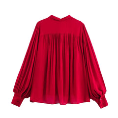 Solid O-Neck Bow Button Long Sleeve Blouse