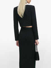 Elegant black tweed skirt set with embroidered detailing