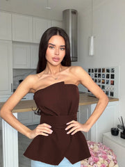 Brown strapless peplum top with draped front