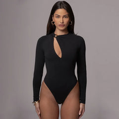 Women's hollowed out long sleeve bodysuit in black for spring 2025 fashion.