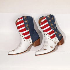 Pair of cowboy boots with American flag design on a white surface